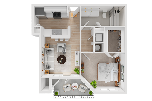 Modern 1-bedroom apartment floor plan with open-concept living area, sleek kitchen, cozy bedroom, and private balcony.