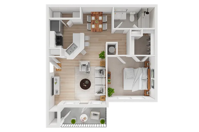 Contemporary one-bedroom apartment floor plan showcasing open-concept living and dining area, modern kitchen, and private balcony.