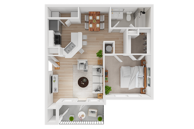 Charming 3D floor plan showcasing a modern one-bedroom apartment with an open kitchen, cozy living area, elegant dining space, and a stylish bathroom.