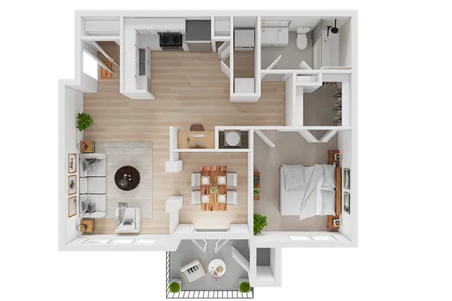Chic floor plan featuring a cozy 1-bedroom with an open living area, modern kitchen, and a private balcony with outdoor seating.