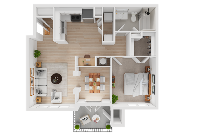 Contemporary 2D floor plan displaying a cozy one-bedroom layout with an open living area, modern kitchen, and private patio.