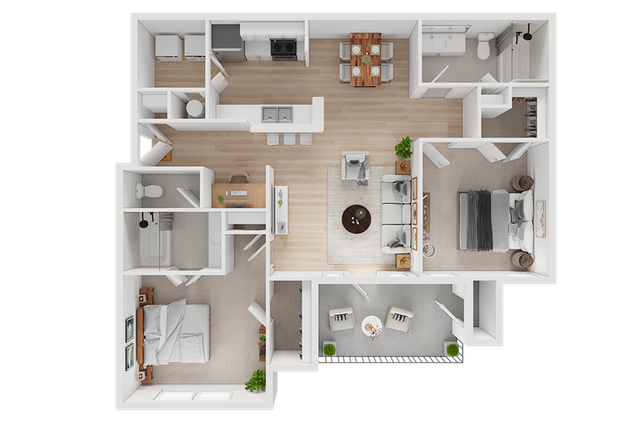 Modern 3D floor plan showcasing 2 bedrooms, an expansive open living area, and sleek kitchen design with breakfast bar and dining space.