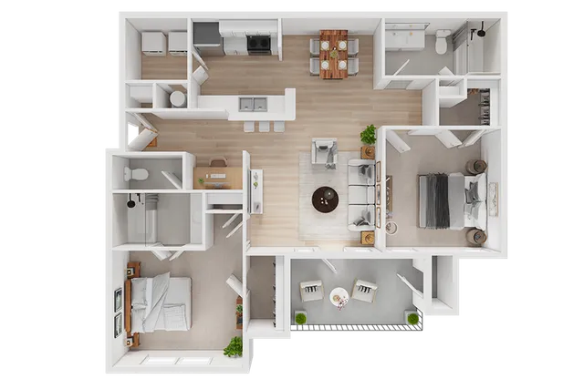 Modern 3D floor plan showcasing a spacious apartment with two bedrooms, a stylish kitchen, open living and dining areas, and a cozy balcony.