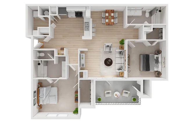 Modern floor plan showcasing 2 bedrooms, a spacious living room, open kitchen, and an inviting balcony. Perfect for stylish urban living.