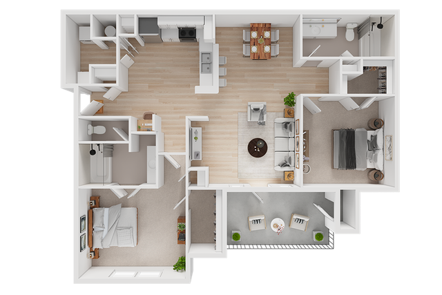 Charming 3D floor plan showcasing 2 bedrooms, an open kitchen, spacious living area, and a cozy balcony.