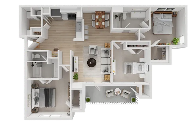 Modern apartment floor plan showcasing 3 bedrooms, open living area, elegant kitchen, and private balcony.