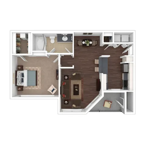 3D Floorplan of the A1 One Bedroom with Balcony