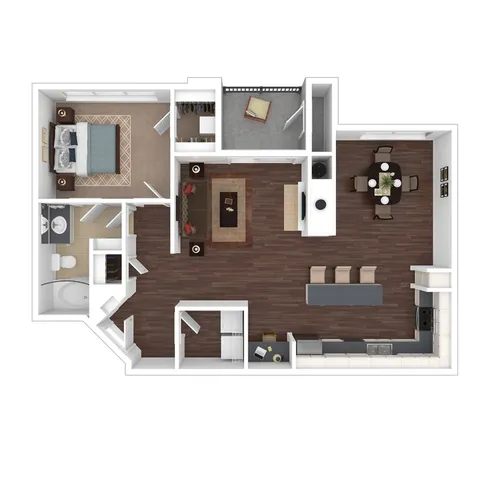 3D Floorplan of the A3R One Bedroom with Balcony