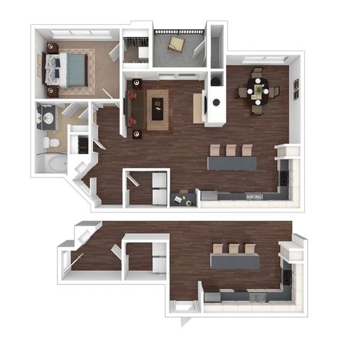 3D Floorplan of the A5R One Bedroom with Balcony