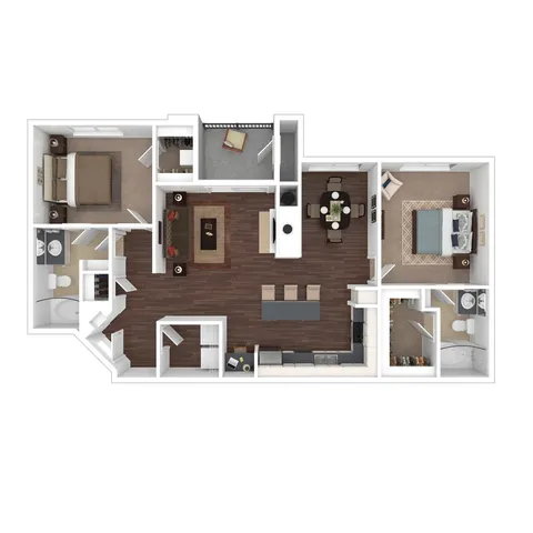 3D Floorplan of the B2R Two Bedroom with Balcony