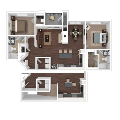 3D Floorplan of the B3 Two Bedroom with Balcony