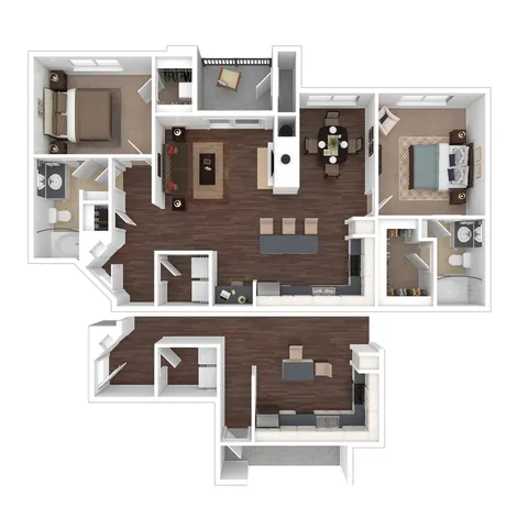 3D Floorplan of the B4 Two Bedroom with Balcony
