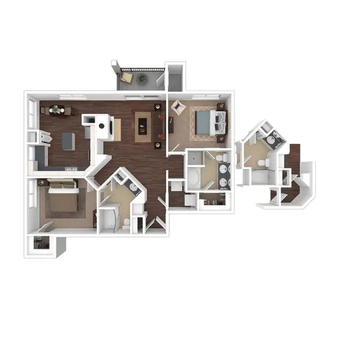 3D Floorplan of the B5 Two Bedroom with Balcony