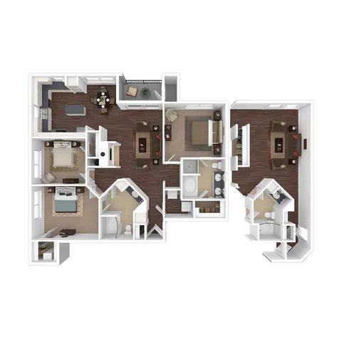3D Floorplan of the C1R Three Bedroom with Balcony
