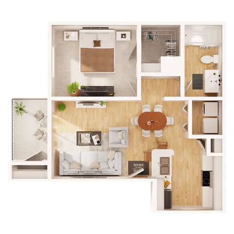 Charming 1-bedroom apartment floor plan with an open living and dining area, modern kitchen, luxurious bathroom, cozy balcony space, and ample closet storage.