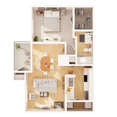 Charming 1-bedroom apartment floor plan with an open-concept living and dining area, modern kitchen, and private balcony.