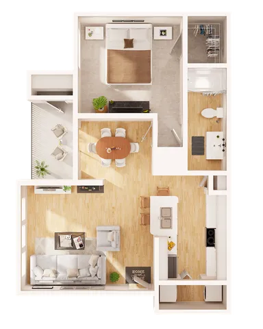 Modern open-plan apartment layout featuring one spacious bedroom, a cozy living area, dining space, and a stylish kitchen. Includes a bathroom and a balcony, ideal for comfortable urban living.