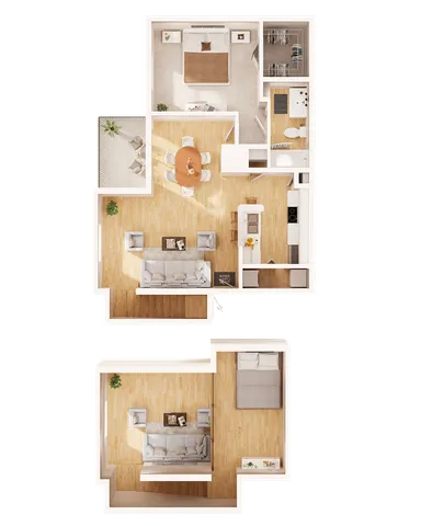Modern 2-story floor plan with open living area, cozy bedroom, stylish kitchen, and elegant bathroom.