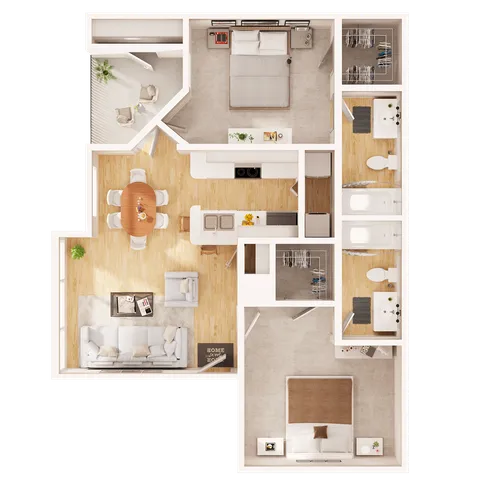 Modern floor plan showcasing 2 cozy bedrooms, elegant bathrooms, open-concept living and dining area, and a sleek kitchen with island seating.