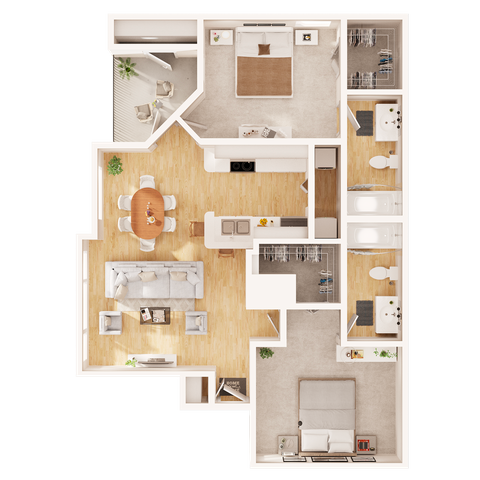 Chic 2D floor plan showcasing a stylish 2-bedroom layout, featuring an open-concept living and dining area, modern kitchen, and two elegant bathrooms.