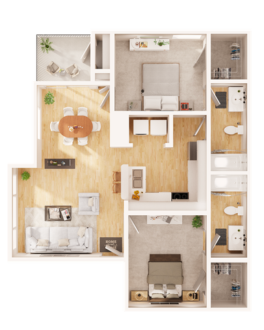 Contemporary 2D floor plan featuring two bedrooms, an open living area, modern kitchen, and two bathrooms, ideal for comfortable living.