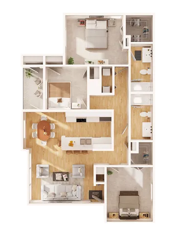 Modern floor plan showcasing 2 bedrooms, open kitchen, cozy living room, and two stylish bathrooms.
