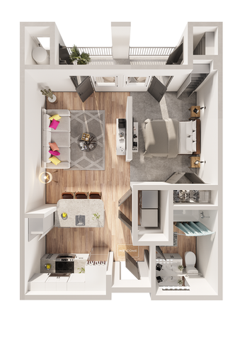 Chic studio apartment floor plan featuring a cozy living area, modern kitchen with dining nook, stylish bathroom, and private balcony.