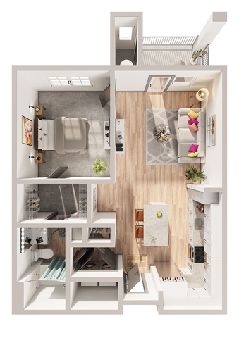 Chic 3D floor plan showcasing modern one-bedroom apartment with open living area, elegant kitchen, and cozy balcony.