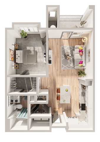 Inviting 3D floor plan showcasing a modern one-bedroom apartment with an open kitchen, cozy living area, and stylish bathroom.
