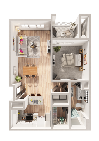 Chic apartment floor plan with an open-concept living and dining area, modern kitchen, cozy bedroom, and stylish bathroom.