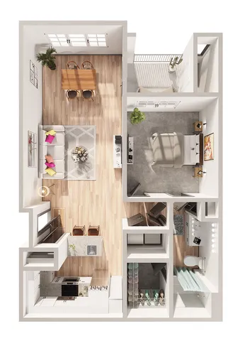 Chic open-concept floor plan with one bedroom, inviting living area, modern kitchen, and stylish dining space.