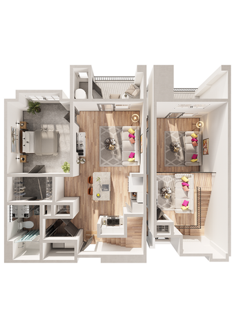 Modern 3D floor plan showcasing 2 bedrooms, a cozy living space with vibrant decor, and an elegant open-concept kitchen.