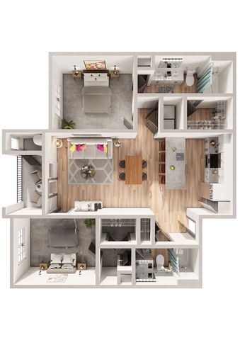 Modern 3D floor plan showcasing two spacious bedrooms, an inviting open-concept kitchen with island seating, and a cozy living area with stylish decor.