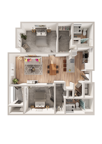 Elegant 3D floor plan showcasing 2 bedrooms, spacious living area, modern kitchen, and dining space.