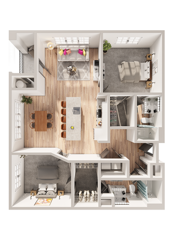 Elegant modern floor plan showcasing two cozy bedrooms, an open-concept kitchen with island seating, and a bright stylish living area.