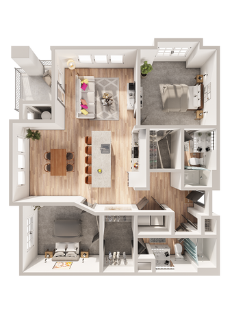 Contemporary 2D floor plan showcasing an elegant 2-bedroom apartment with open-concept living area, modern kitchen, and spacious patio.