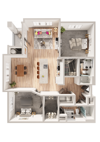 Modern 3D floor plan featuring two spacious bedrooms, an open kitchen with island seating, cozy living room, and private balcony.