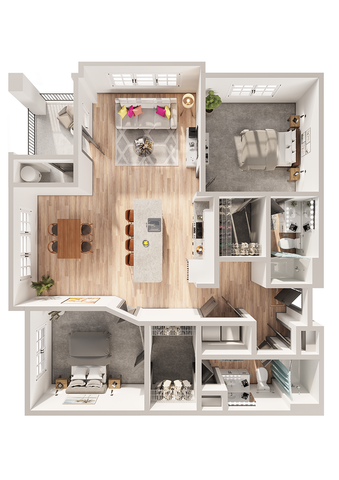 Modern 2D floor plan with two spacious bedrooms, open-concept living and dining area, sleek kitchen with island, and cozy balcony access.