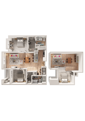 Modern two-level floor plan with three spacious bedrooms, open-plan living and dining area, and two well-appointed bathrooms, offering stylish and comfortable living.
