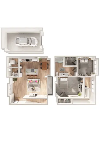 Modern floor plan featuring 2 bedrooms, a spacious open-concept living area, gourmet kitchen, and attached garage.