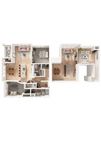 Modern 3D apartment floor plan featuring two bedrooms, elegant living areas, and an open kitchen with stylish dining space, maximizing space and light.