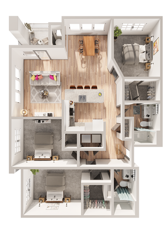 Spacious open-concept 3D floor plan featuring two elegant bedrooms, a modern kitchen with an island, a cozy living room, and stylish dining area.
