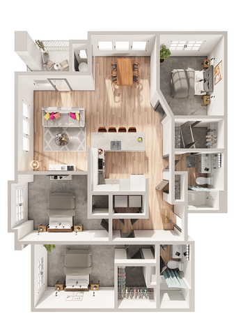 Beautifully designed floor plan showcasing a spacious apartment with three bedrooms, a comfortable living area, a modern kitchen, and two bathrooms, perfect for stylish living.