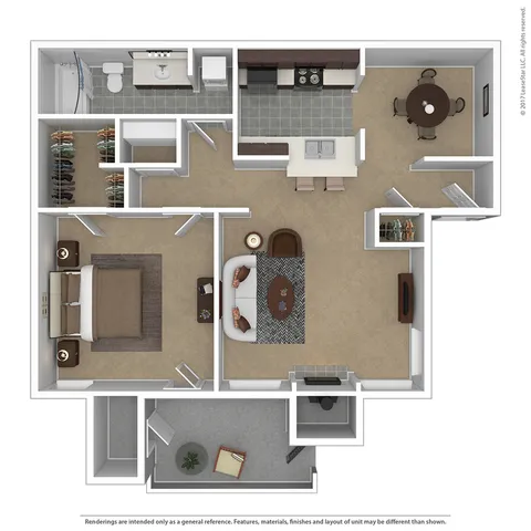 Elegant 3D floor plan showcasing 1 bedroom apartment with a spacious living room, contemporary kitchen, dining area, and stylish balcony.