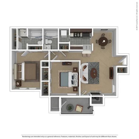 Modern 3D floor plan showcasing a spacious 1-bedroom apartment with an inviting living room, dining area, and well-equipped kitchen.