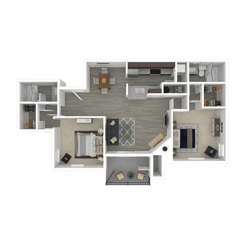Modern 3D floor plan showcasing two spacious bedrooms, open living area with elegant furnishings, and a sleek kitchen layout, ideal for contemporary living.