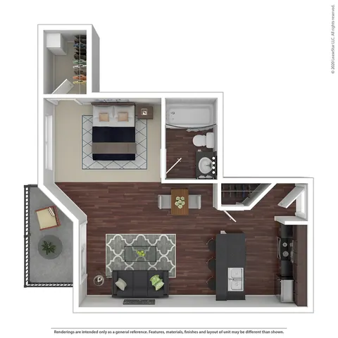 Chic studio apartment floor plan with a modern open-concept kitchen, inviting living area, cozy bedroom, stylish bathroom, and a charming balcony.