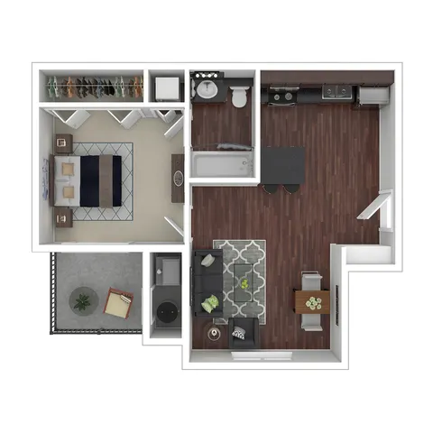 Modern 3D floor plan showcasing an elegant one-bedroom apartment with open-concept living room, stylish kitchen, and private balcony.