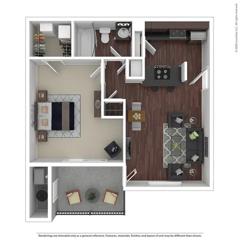 Modern 3D floor plan with 1 bedroom, open-concept kitchen and living area, elegant bathroom, and cozy balcony space.