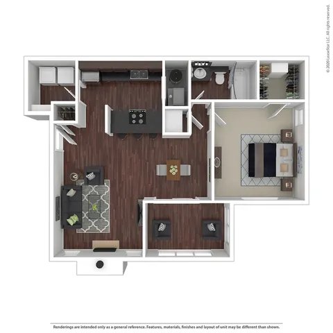 Modern floor plan featuring a spacious open-concept living area with hardwood floors, 2 inviting bedrooms, a contemporary kitchen island, chic bathroom, and ample storage space.